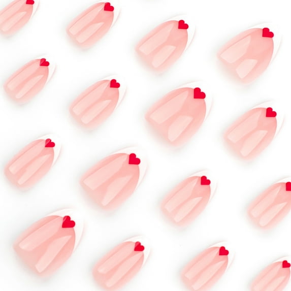 24pcs Valentine's Day Press on Nails for Women Girls,Short Almond Fake Nails with Red Heart,False Nails Full Cover Acrylic Glue on Nails for Holiday,Glossy Artificial Finished Wearable Nails