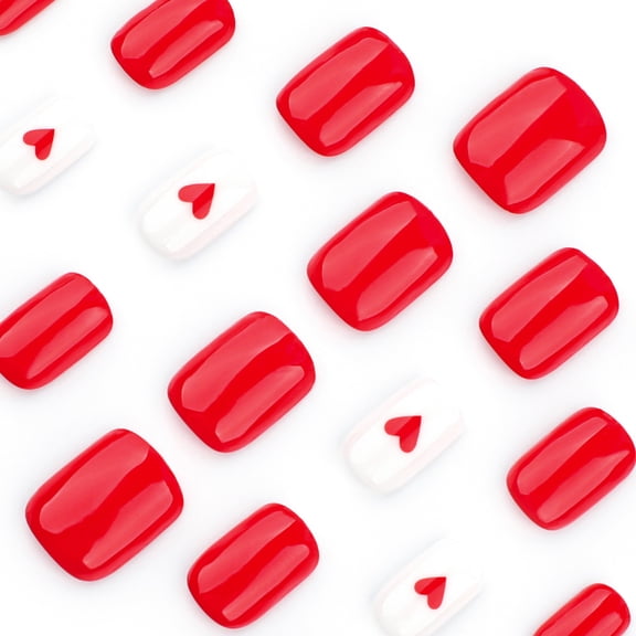 24pcs Valentine's Day Press on Nails for Women Girls,Short Square Fake Nails with Red Heart,False Nails Full Cover Acrylic Glue on Nails for Holiday,Glossy Artificial Finished Wearable Nails