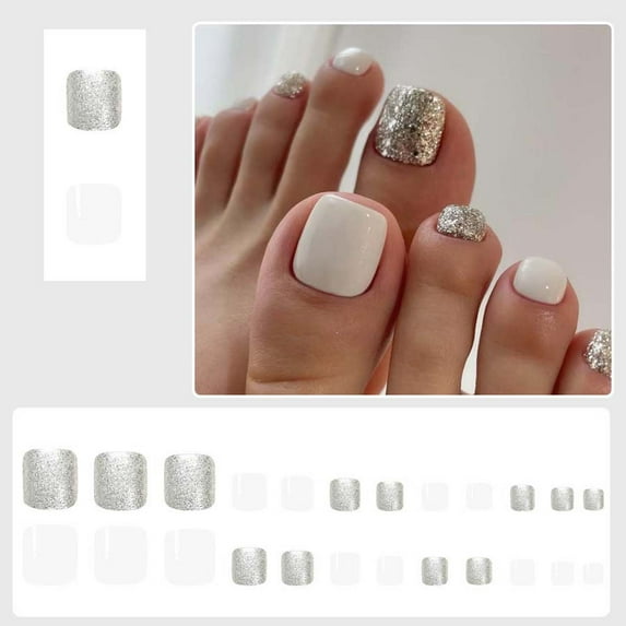 24pcs White French Press on Toenails,Short Square Summer Fake Nails,Glossy Wearable Nail Tips,Acrylic Glossy Full Cover Glue on Toenails False Toenails for Women Girls Beach Manicure Gifts