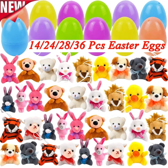 KOYPTL 28 Pcs Easter Eggs Filled with Fluffy Animals Toys for Boys Girls 2 3 4 5 6+,Soft Plush Dolls for Easter Basket Stuffer Easter Egg Hunt Party Game Prizes Valentines Xmas Easter Gifts
