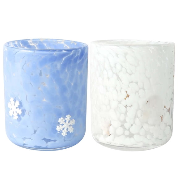 KOYPTL 2PCS Christmas Polka Dots Glass with Holiday Designs,Christmas Snowflakes White Blue Stemless Glass Juice Cups Drinking Glasses for Women Sister Party Wedding Birthday Party Supplies 15.55oz
