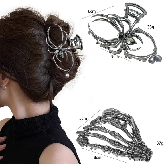 KOYPTL 2PCS Halloween Skeleton Hand Spider Metal Hair Claw Clips,Gothic Non Slip Jaw Barrettes,Spooky Hair Accessories for Women Party Daily Bun Hairstyle Decor