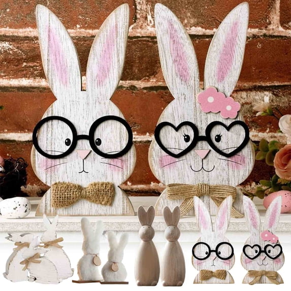 KOYPTL 2Pcs Easter Rustic Table Decorations White Wooden Bunny Couple Block Signs with Glasses Gifts Happy Easter Centerpiece for Tables Kitchen Home Shelf Office Farmhouse Tiered Tray Decor Presents