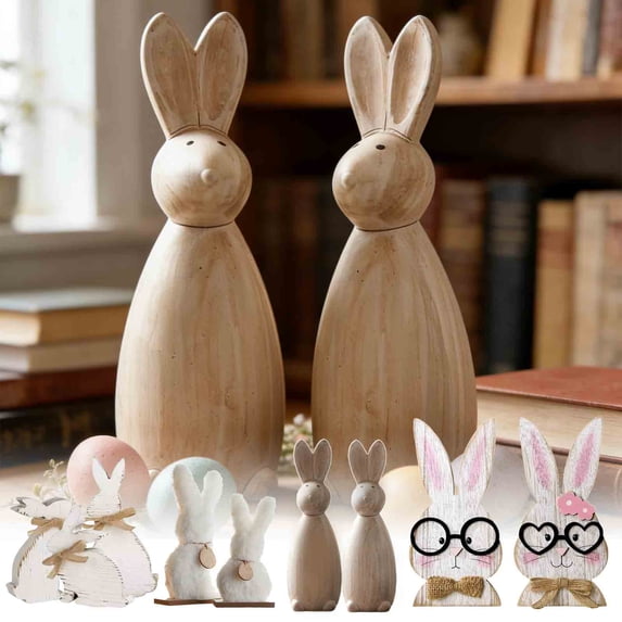 KOYPTL 2Pcs Easter Table Decorations Wooden Rustic Bunny Standing Figurines Gifts Happy Easter Centerpiece for Tables Kitchen Home Shelf Office Farmhouse Tiered Tray Decor Presents