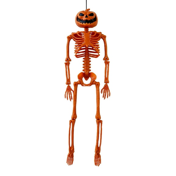 KOYPTL 2Pcs Halloween Skeleton Decorations,17 Inch Orange Pumpkin Skeleton Movable Hanging Skeleton Plastic Bone,Foldable Skeletons for Halloween Indoor Outdoor Ghost Party Decoration