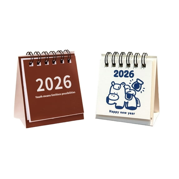 KOYPTL 2Pcs Mini Simple Cartoon Desk Calendar 2026,12 Months Pocket Tabletop Coil Calendar Vintage Monthly Flip Standing Planner Gift for Students Home Office Planning Organiser Christmas Birthday