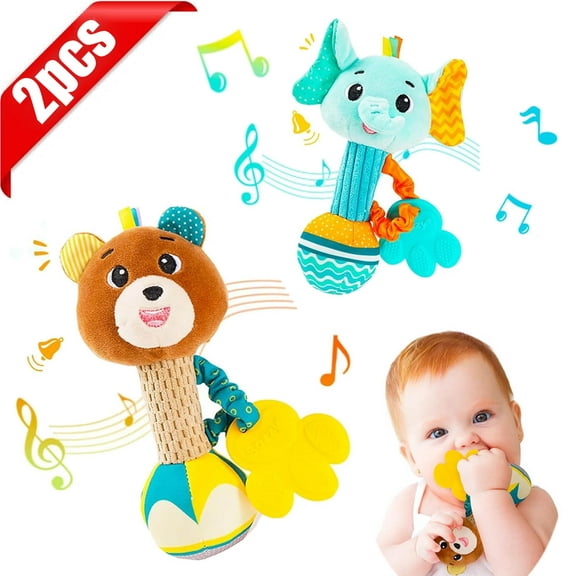 KOYPTL 2pcs Baby Soft Rattle Toys for Toddlers 0-6 Months,Fabric Ring Rattles Shaker Hand Grasp Sensory Toy Stuffed Animal for Infant 3 8 9 Months Soothing & Teething,Christmas Birthday Boy Girl Gift