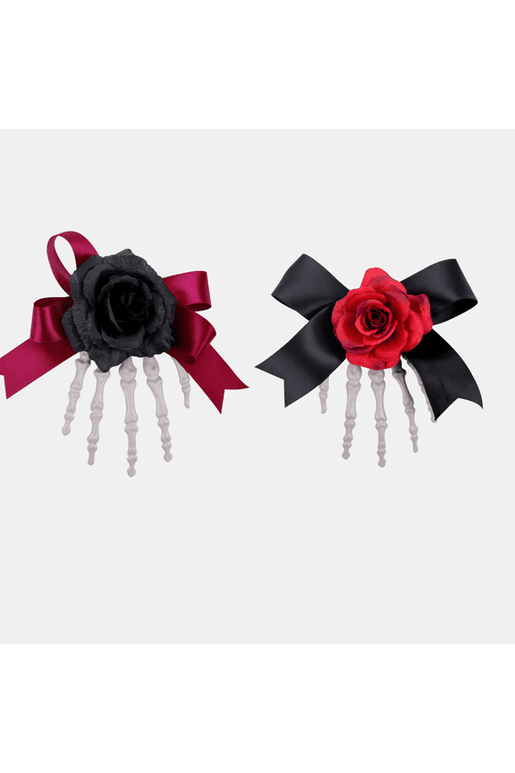 2pcs Halloween Decorations Rose Bow Ribbon Skeleton Hand Hair Clips, Goth Hair Accessories Skull Bone Hand Hair Claws Small Punk Horror Side Hair Clip for Halloween Cosplay Party Jewelry