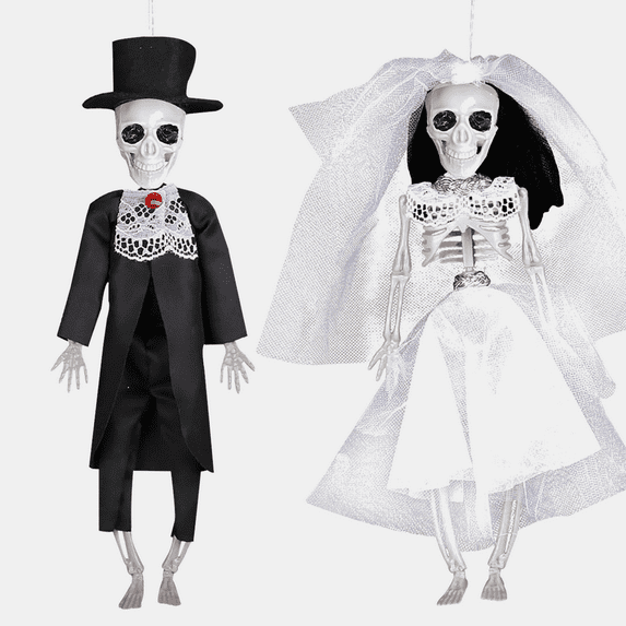 KOYPTL 2pcs keletons Halloween Decorations, Spooky Bride and Groom Skeleton Decoration, Realistic Spooky Scary Skeletons for Indoor Party Haunted House Graveyard Props Decor