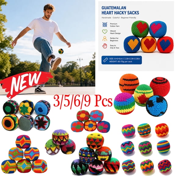 KOYPTL 3/5/6/9 Pcs Crochet Hacky Kick Sack Balls Assorted Colors Woven Kickball– Footbag Juggling Balls for Outdoor Play Party Games & Coordination Training Ready-to-Use Stress Relief Gifts