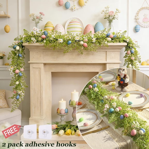 KOYPTL 3.77ft Easter Egg Garland Artificial Rustic Spring Garland for Mantle, Easter Garland Decorations for Fireplace Tree Table Window Wall, Indoor Outdoor Home Party Easter Decoration Gift