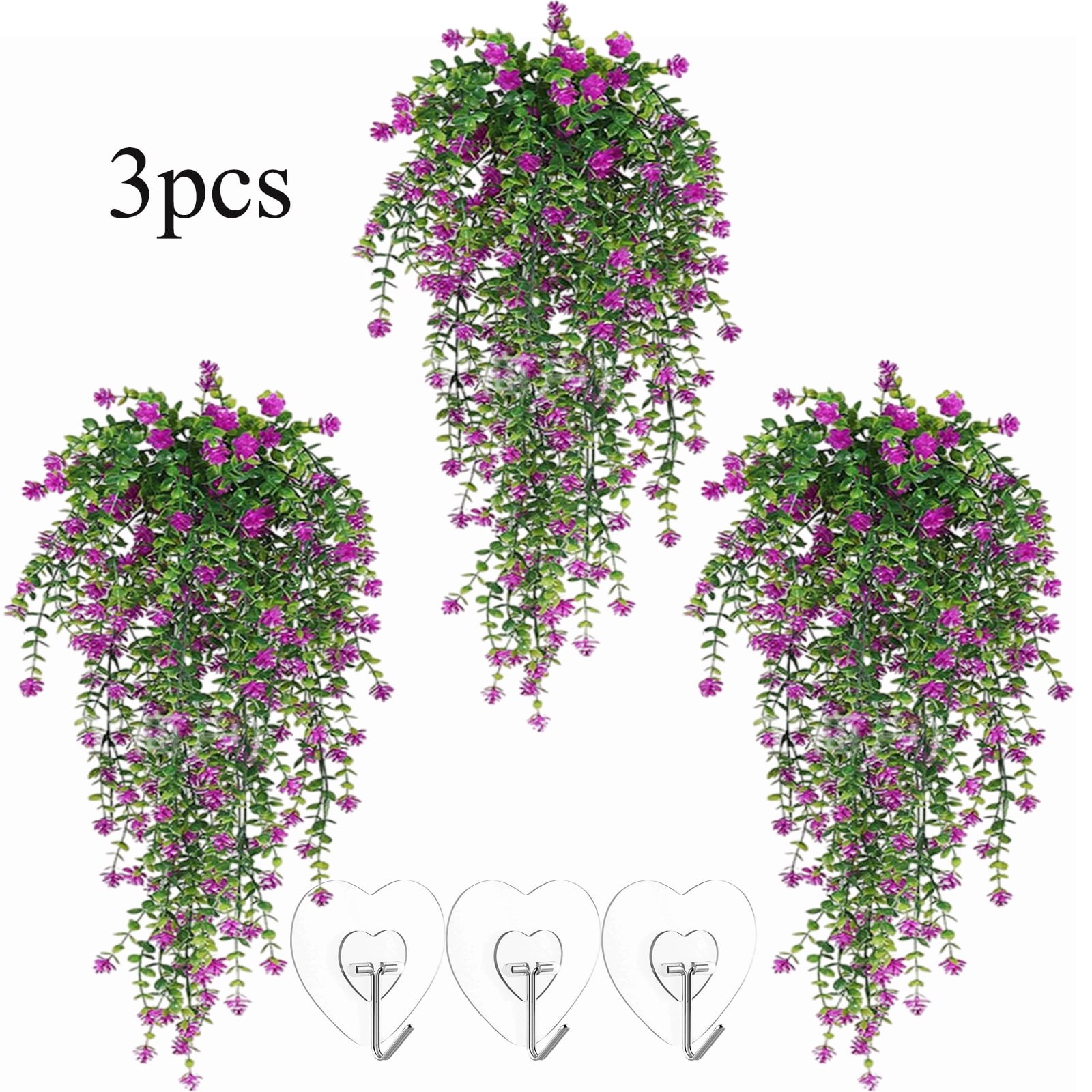 KOYPTL 3 Pcs Christmas Artificial Fake Hanging Plants Decorations Simulated Faux Fern Outdoor UV Resistant Plastic Greenery Flowers Plant Vine for Wall Garden Wedding Party Indoor Home Decor Purple