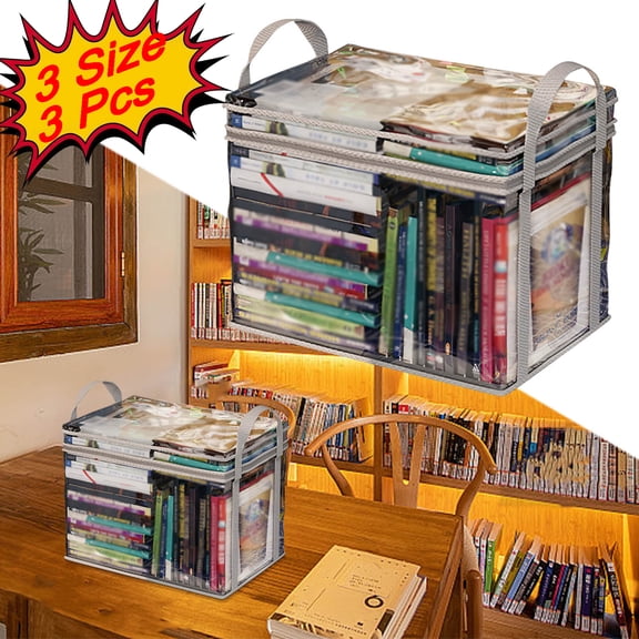 KOYPTL 3 Pcs Clear Book Storage Bag Waterproof Collapsible Book Display Case with Lid Moving Storage Bags with Reinforced Handles Closet Organizers and Container for Book DVD Toys Clothing(L+M+S)