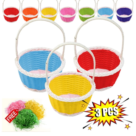 KOYPTL 3 Pcs Easter Baskets for Toddlers,Small Easter Woven Basket with 3 Colors Grass,Handmade Plastic Round Baskets with Handle for Easter Egg,Filling with Party Favors,Easter Home School Gift