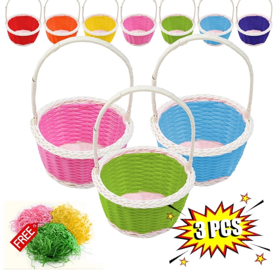 KOYPTL 3 Pcs Easter Baskets for Toddlers,Small Easter Woven Basket with 3 Colors Grass,Handmade Plastic Round Baskets with Handle for Easter Egg,Filling with Party Favors,Easter Home School Gift