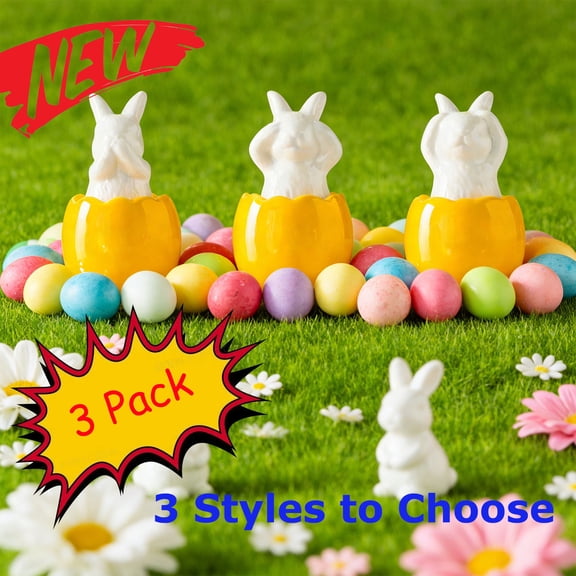 KOYPTL 3 Pcs Easter Bunny Egg Ornaments Ceramic Rabbits, Bunny Figurines on Egg Sculpture, Cute See Hear Speak No-Evil Decorative Desk & Shelf Accent, Modern Art Spring Easter Decorations (Yellow_A)