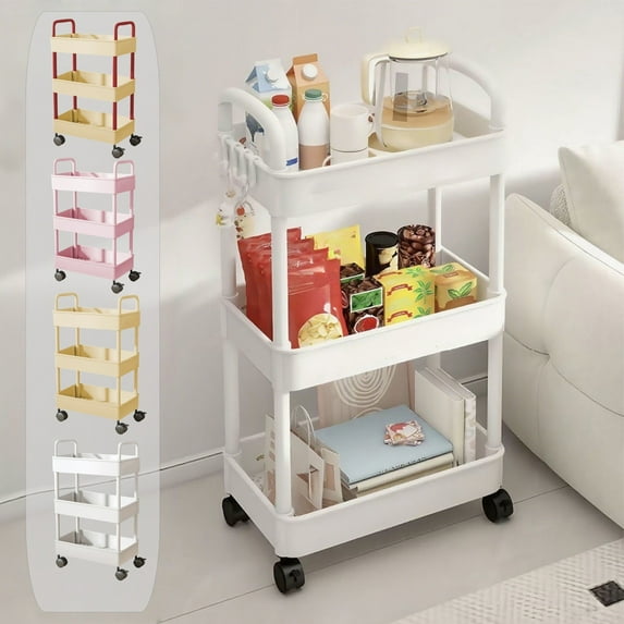 KOYPTL 3 Tier Rolling Utility Cart Organizer with Handle Multi-Functional Storage Rack for Bathroom Toilet Toiletries Office Living Room Kitchen Stable and Sturdy Storage Carts with Wheels Pink