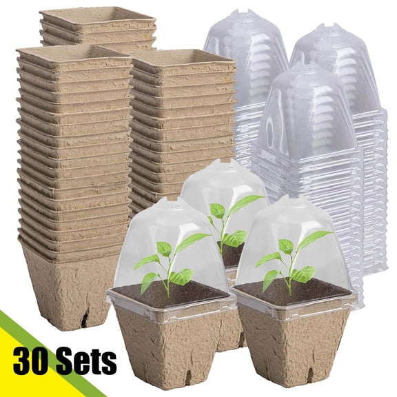 KOYPTL 30 Sets Peat Pots for Seedlings 3.1",Biodegradable Nursery Pots with Adjustable Humidity Dome,Square Seeding Starter Planting Cups for Garden Vegetable Flower Plants Germination Indoor Outdoor