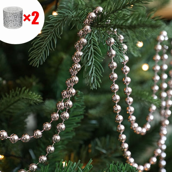 KOYPTL 33 Feet 2 Rolls Christmas Tree Beads Garland,Faux Pearl Beads String Roll Acrylic Hanging Ornaments for Xmas Tree Party Supplies Indoor Home Christmas Decoration and Crafts Silver