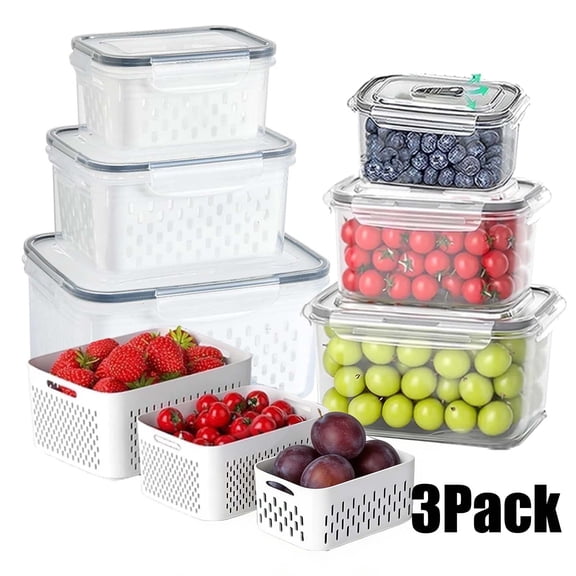 KOYPTL 3PCS Fruit Storage Containers with Drain Basket Lid for Fridge,Leak-Proof Food Grade Containers Keep Fruits,Vegetables,Berries,Fresh for a Long Time,Dishwasher & Microwave Safe 5900ML Totally