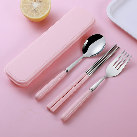 KOYPTL 3pcs Kitchen Utensils Set with Case,Portable Travel Utensils Dinnerware Kit with Spoon Fork Chopstick,Reusable Stainless Steel Tableware Set with Box for Lunch Camping Picnic Workplace Outdoor