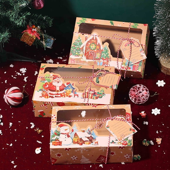 KOYPTL 3pcs-Kraft Paper Box with Window,Christmas Wrapping Box with Lid Name Card Rope for Candy Cookies Desserts,Gift Box Xmas Decoration for Christmas Stocking Stuffers