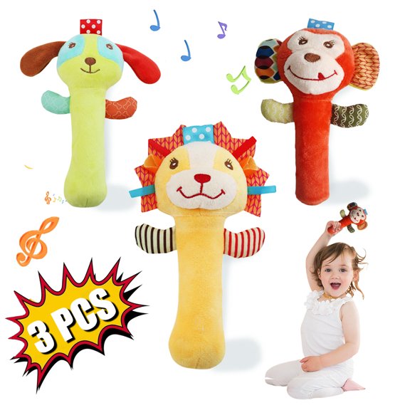 KOYPTL 3pcs Soft Baby Rattle Toys for Toddlers 0-4 Months,Fabric Ring Rattles Shaker Handheld Sensory Toy Stuffed Animal for Infant 3 6 8 9 Months Soothing & Teething,Christmas Birthday Boy Girl Gift