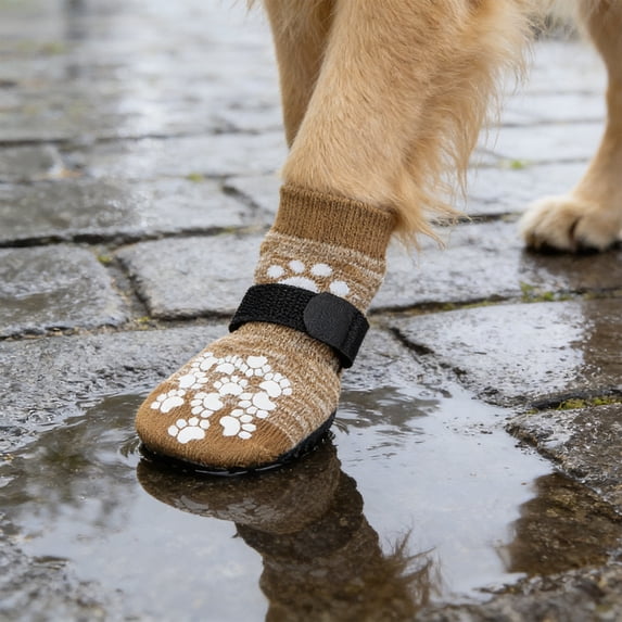 KOYPTL 4 Pack Anti-Slip Dog Socks with Adjustable Fixing Straps,Rubber Traction Sole Pet Paw Protector Socks for Hardwood Floors,Comfort Indoor Wear Foot Cover for Small Medium Puppy Dogs Khaki