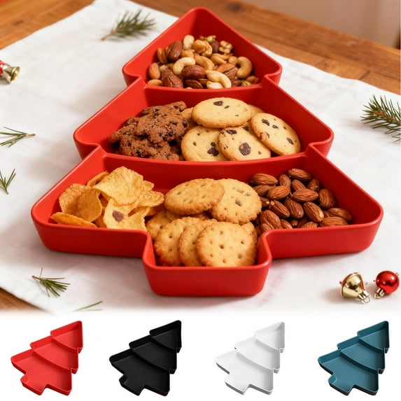 KOYPTL 4 Pcs Christmas Tree Shape Snack Platter with 3 Compartments Divided Serving Trays Plastic Food Storage Containers for Christmas Holiday Party Supplies Candy Dish Fruit Nuts Desserts Container
