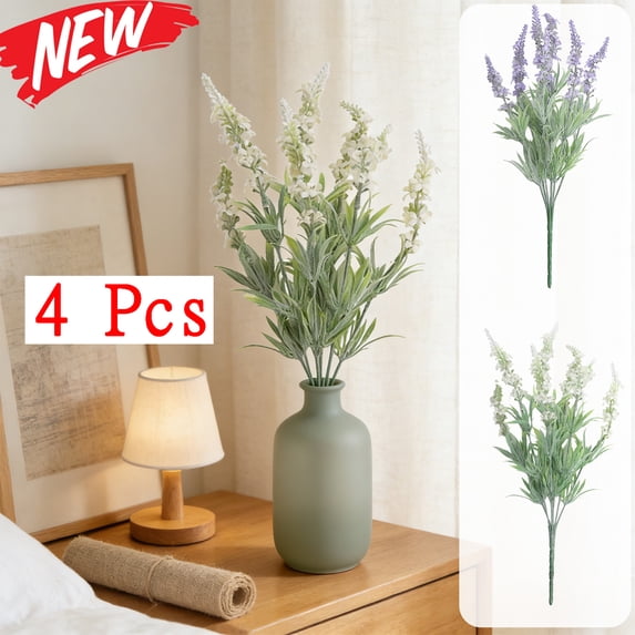 KOYPTL 4 Pcs Flocked Artificial Lavenders Flowers for Home Decor 13 Inch Fake Plants Esthetic Floral Arrangements Faux Flowers for Vase Floral Centerpieces for Tables Wedding Potted Plants Displays