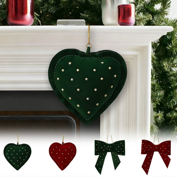 KOYPTL 4 Pcs Heart Shaped Christmas Tree Bows Christmas Decorations for Xmas Tree Green and Red Fabric Cloth Bows Christmas Hanging Ornament for Wreath Staircase Fireplace Indoor Home Decor