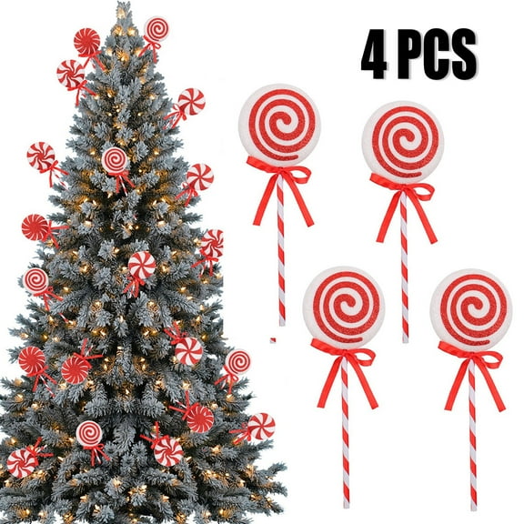 KOYPTL 4 Pcs Lollipop Christmas Ornament Set,Red White Foam Lollipop Spray for Christmas Tree Lollipop Shape Candy Ornament Festive Decoration for School Bedroom Home Christmas Winter Holiday
