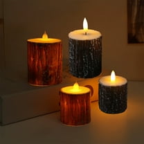 KOYPTL 4 Pcs Real Bark Flameless LED Candles,3D Moving Flame Battery Operated Candles Christmas Table Decorations Realistic Wax Pillar for Holiday Desktop Dinner Table Home Xmas Decor Indoor Safe