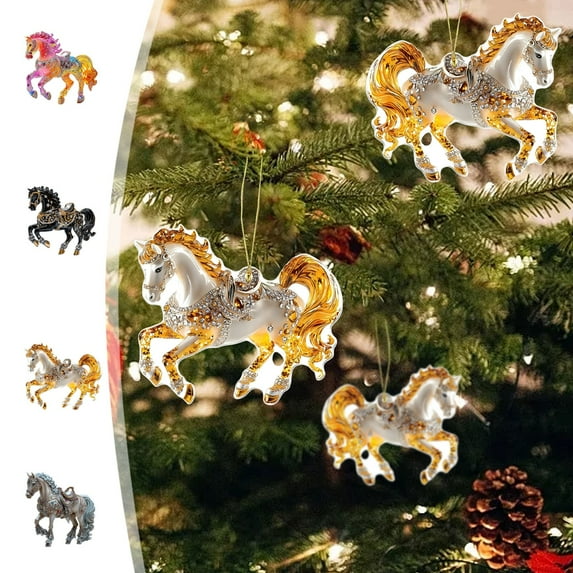 KOYPTL 4 Pcs Vintage Horse Christmas Tree Ornaments Set 2D Acrylic Christmas Decorations for Home Christmas Hanging Ornaments for Xmas Tree Farmhorse,Keepsake&Gifts for Women Men