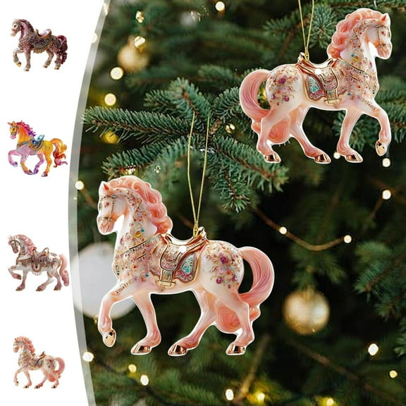 KOYPTL 4 Pcs Vintage Horse Christmas Tree Ornaments Set 2D Acrylic Christmas Decorations for Home Christmas Hanging Ornaments for Xmas Tree Farmhorse,Keepsake&Gifts for Women Men