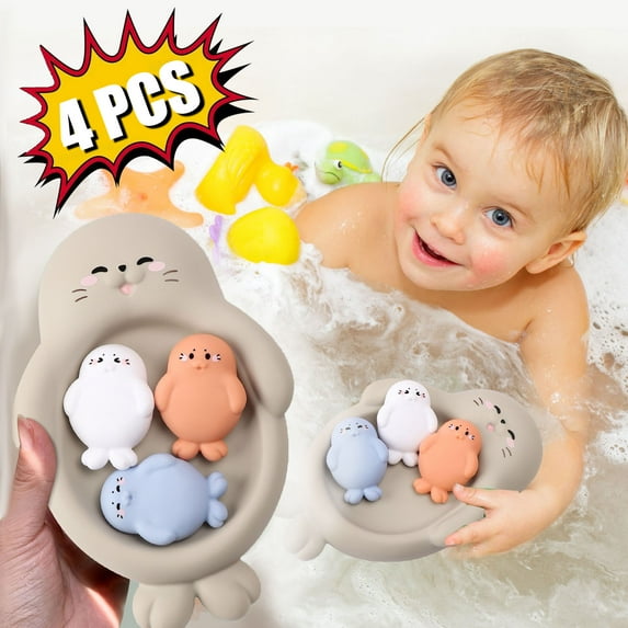 KOYPTL 4-in-1 Seal Family Bathtub Toys for Toddlers Baby 6-12 16-18 Months,Mother-Baby Floating Set for Tub Pool,Easy-Clean Rubber Fun Montessori Bath-Time Gift for Boys Girls Birthday Christmas