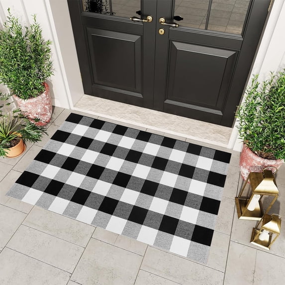 KOYPTL 40*60CM Fall Outdoor Rug,Washable Cotton Halloween Front Door Rug,Farmhouse Buffalo Plaid Layering Rugs,Reversible Fall Door Mat for Entryway Halloween Front Porch Autumn Decor