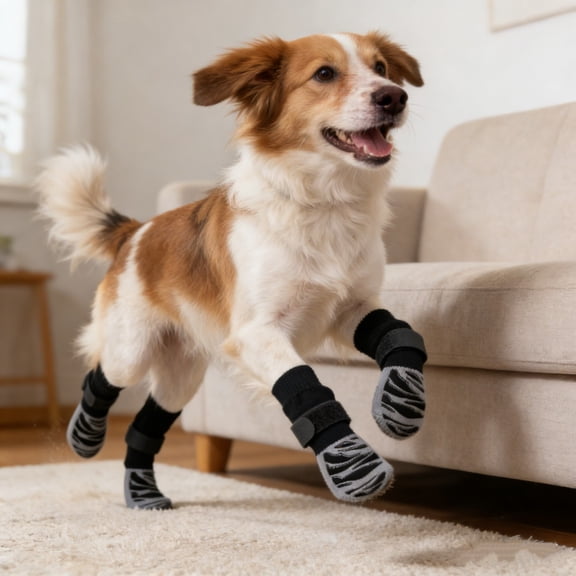 KOYPTL 4PCS Non Slip Knit Pet Socks with Adjustable Magic Tape Straps,Anti-Scratch Rubber Sole Paw Protectors for Dogs,Prevent Licking Paws,Indoor Waterproof Foot Cover for Daily Walking
