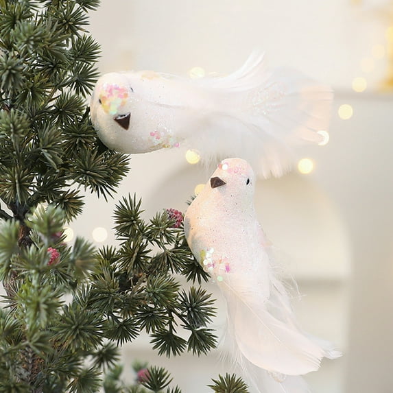KOYPTL 4pcs-Christmas Birds Ornaments for Christmas Tree with Feather,Simulation Foam Glitter Birds Festive Pendant for Christmas Wedding Home Party Wedding Wreath Garland Decorations (White)