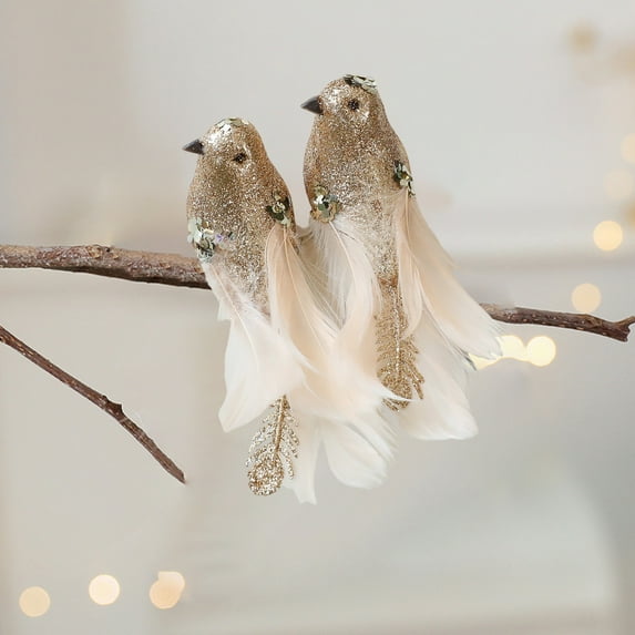 KOYPTL 4pcs-Christmas Birds Ornaments for Christmas Tree with Feather,Simulation Foam Glitter Birds Festive Pendant for Christmas Wedding Home Party Wedding Wreath Garland Decorations (Gold)