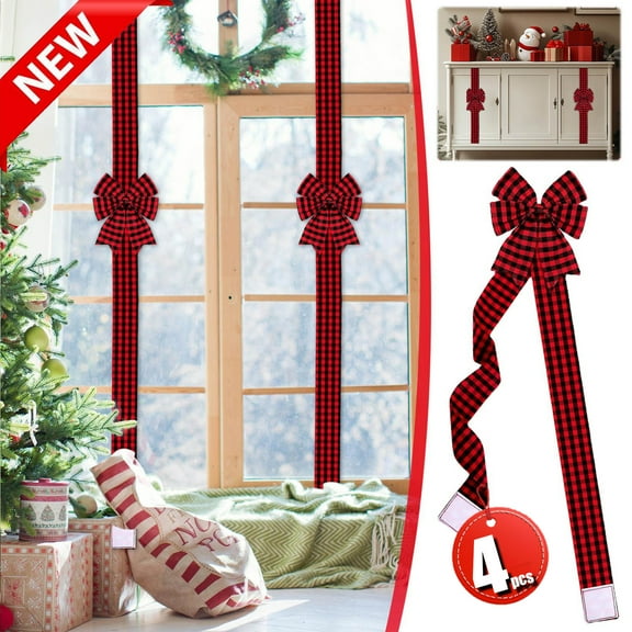 KOYPTL 4pcs-Christmas Velvet Bows and Ribbon for Cabinet Door,Plaid Bows Ribbons for Christmas Thanksgiving Fireplace Festive Party Gift Wrapping Supplies & Furniture Windows Chair Kitchen Decoration