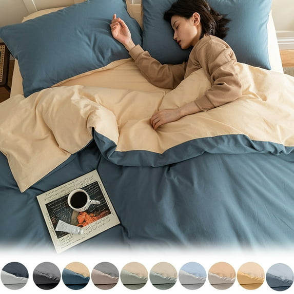KOYPTL 4pcs Soft Queen Bedding Comforter Covers Set for 71" Bed,Minimalist Style Breathable Quilt Cover Bedsheet Pillowcases,Full Solid Reversible Brushed Duvet Cover Set for Women Men All Seasons