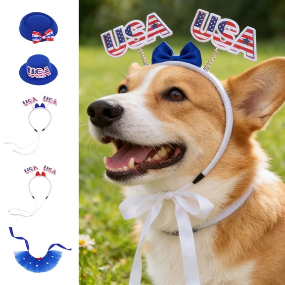 KOYPTL 4th of July Patriotic Blue Pet Fascinator Hat,Star Stripe Bow with Pearl Decor,Independence Day Party Costume Accessory for Small Dogs Cats Photo Dress Up
