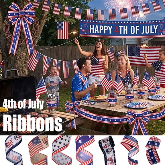 KOYPTL 4th of July Ribbons for Crafting 4.3Yards,Patriotic American Stars & Stripes Wired Edge Burlap Ribbon Decorations Red White Blue Ribbon Bows for Independence Day Home Party Gift Wrapping Decor