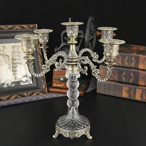 KOYPTL 5 Arms Candle Metal Candelabra,Retro Embossed Candle Holder for Taper Candles Photo Prop,Vintage Candle Stick for Wedding Party Bedroom Home Christmas Church Halloween Centerpiece Decoration
