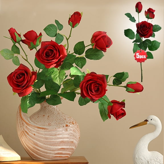 KOYPTL 5 Branch Real Touch Red Roses Artificial Flowers,3 Head Fake Silk Red Flowers for Wedding Arrangement Party Anniversary Table Centerpieces Decorations,Women Girls Valentine Mother's Day Gift