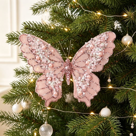 KOYPTL Under 5 Dollars Glitter Butterfly Christmas Tree Ornament With Clip, Cloth Sequin Hanging Decor, Xmas Decor for Wedding, Festival, Party Scene, Tree, Wreath, Home Holiday Decoration 1PC