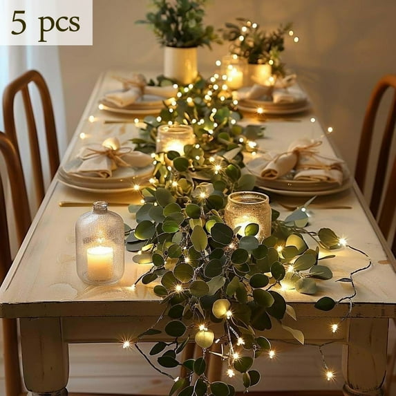 KOYPTL 5 Pack 6.56ft Christmas Garlands Lighted Twig Eucalyptus Garland Warm White LED Battery Operated for Mantle Fireplace Wedding Party Spring Home Christmas Decoration Indoor Outdoor