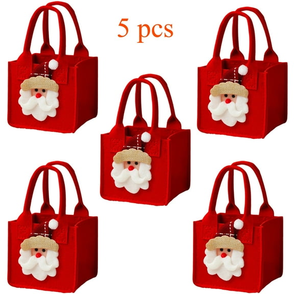 KOYPTL 5 Pcs Christmas Gift Bags Festive Red Felt Packaging with Santa Snowman Elk Tree, Apples Gifts Bags Christmas Candy Gift Bags Reusable Holiday Gift Bag with Sturdy Handle Storage Tote Bag