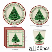 KOYPTL 50 Pack Christmas Tableware Set Christmas Paper Plates Napkins and Cups Disposable Paper Table Decorations for Party Holiday Birthday Supplies,Large Serve 10 Guests